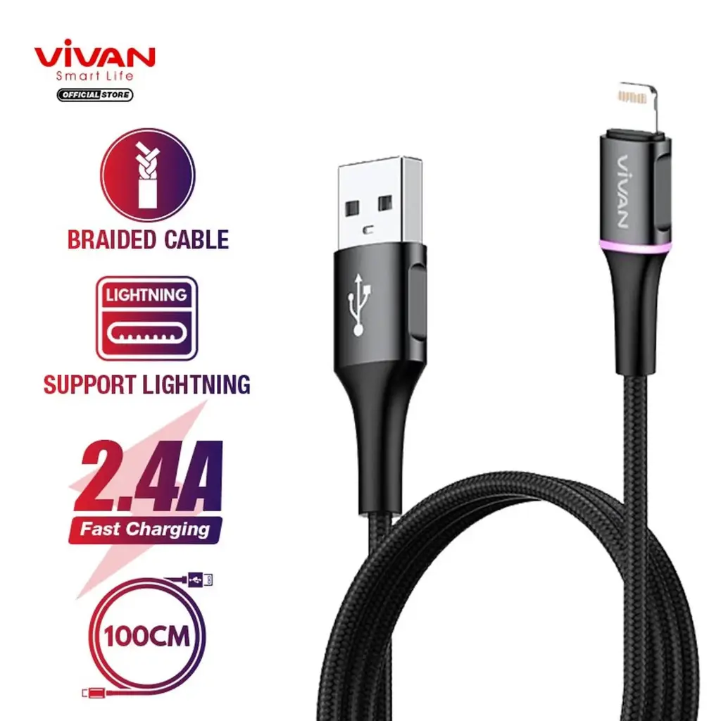 Data Cable VIVAN VDL100 Kabel iPhone Lightning 2.4A LED Light Quick Charge 100CM 