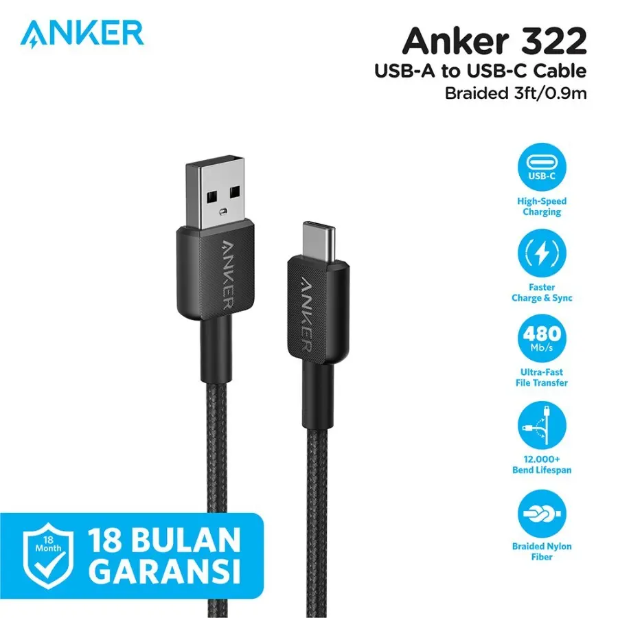 Data Cable Charger Anker 322 USB-A to USB-C Cable (3ft Braided) - A81H5