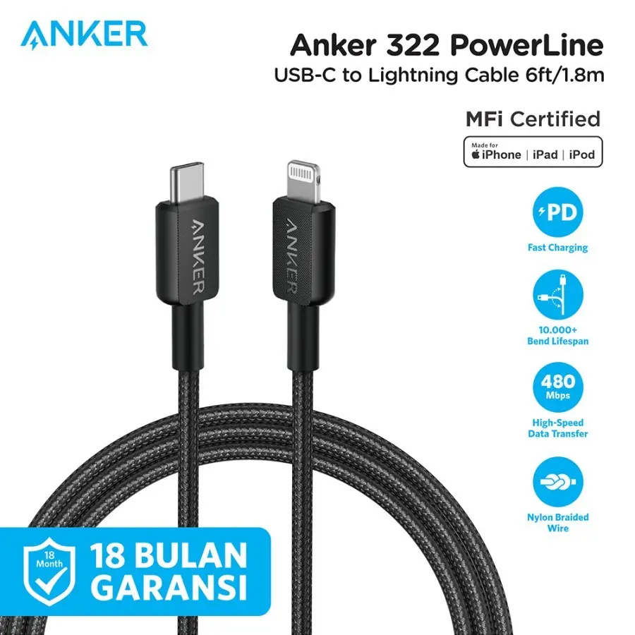 Data Cable Charger Anker 322 USB-C to Lightning Cable 3ft Braided - Black - A81B5