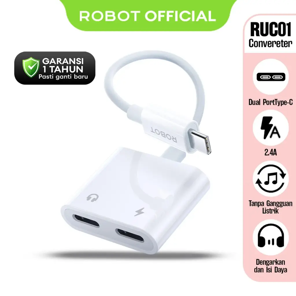 Data Cable ROBOT RUC01 Audio Type-C TO Two Type-C F White 2.4A 0.12CM