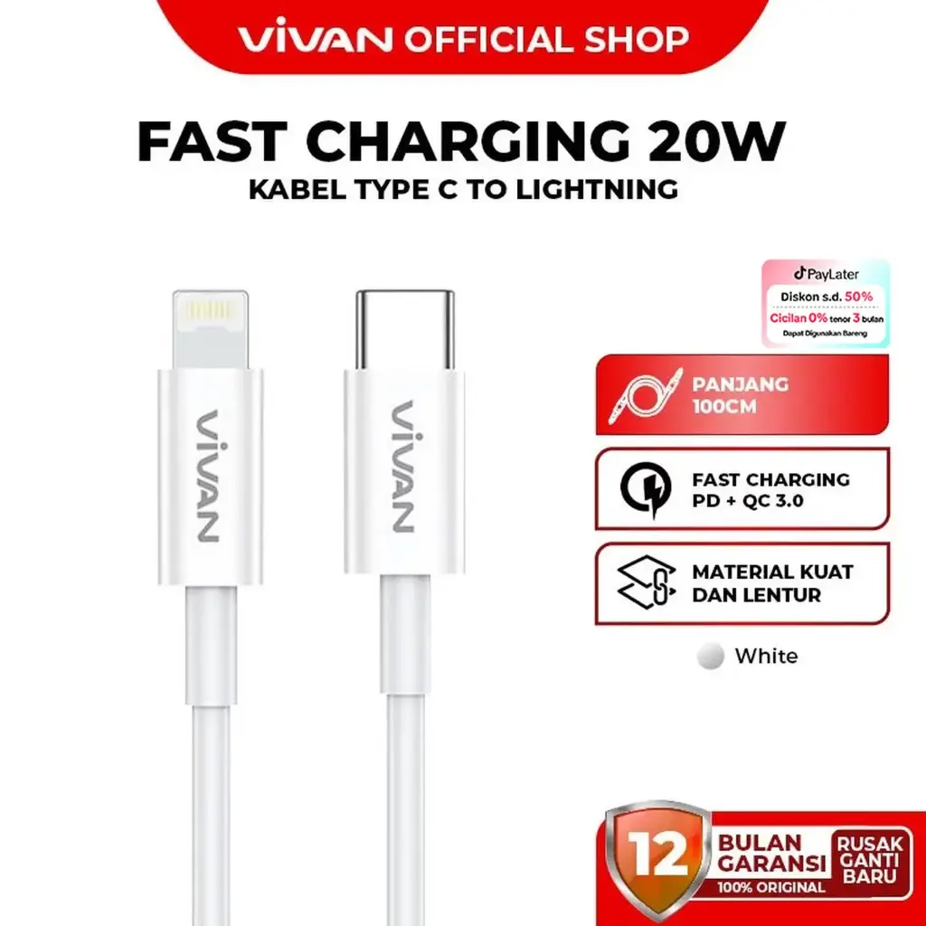 Data Cable VIVAN KCL100S Kabel Type C To Lightning 20W Fast Charging Power Delivery Support iP Panjang Konektor Wire Cable 