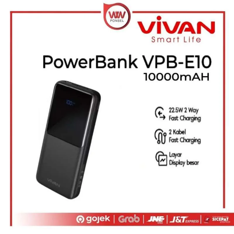 Powerbank VIVAN VPB-E10 10.000 mAh | 22.5W PD QC 3.0 | 4 Output Fast Charging Black
