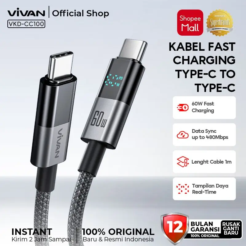 VIVAN VKD-CC100 Data Cable USB C to C 60W Fast Charging
