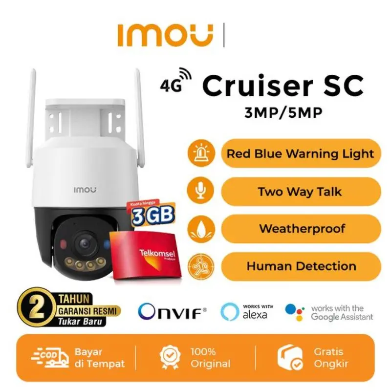IMOU Cruiser SC 3MP 4G Sim Card Kamera Smart CCTV Outdoor Color Night Vision Strobo Merah Biru Weatherproof 