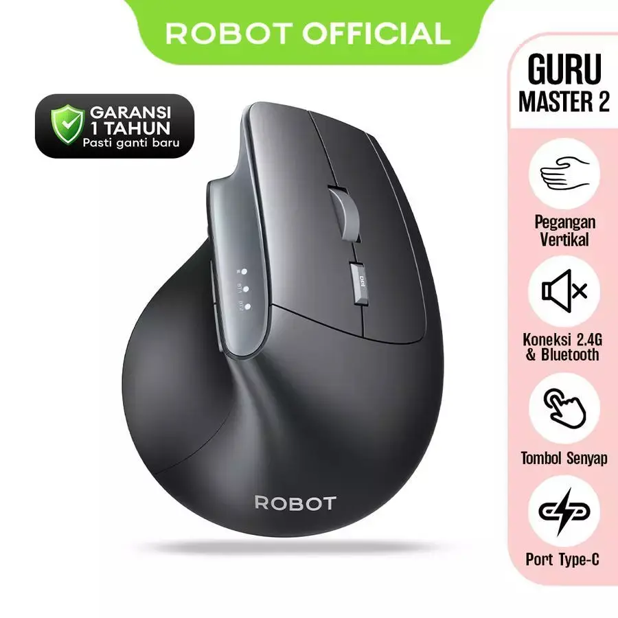 Wireless Mouse ROBOT Guru Master 2 Dual Mode (Bluetooth+Receiver 2.4G) Silent Click Type C