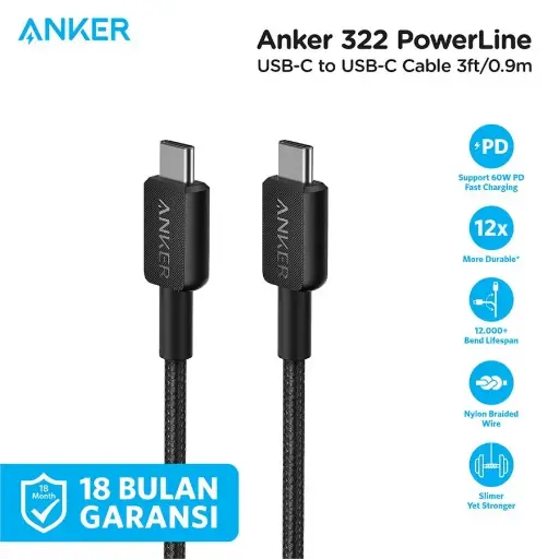 Kabel Charger Anker 322 60W 3A USB Type C to C Nylon Cable 3FT - A81F5