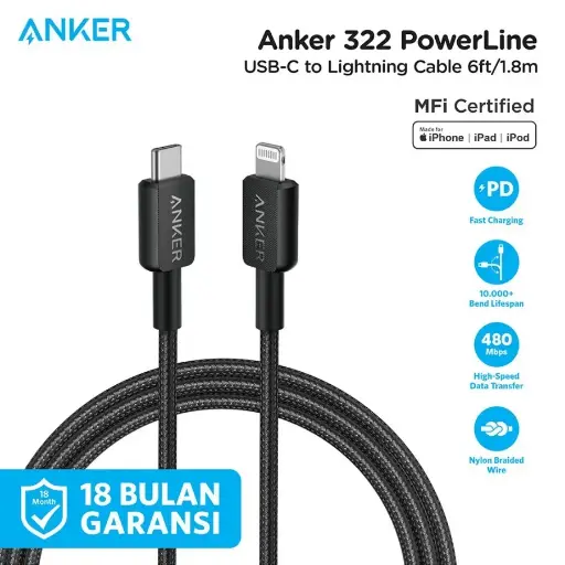 Data Cable Charger Anker 322 USB-C to Lightning Cable (6ft Braided) - A81B6