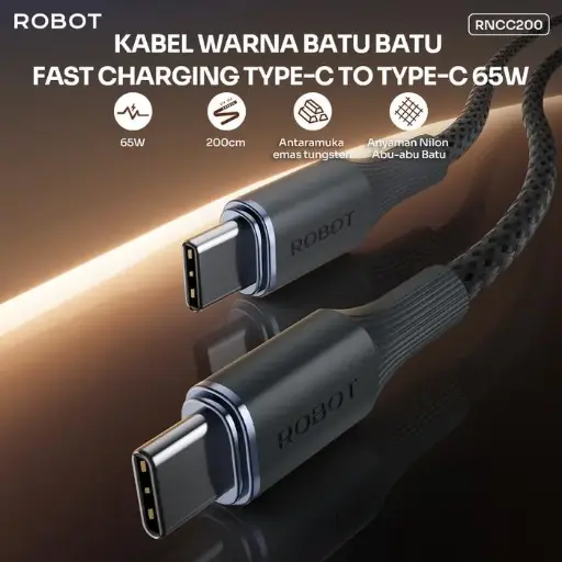 [RNCC200] Data Cable Charger ROBOT RNCC200 Type-C To Type-C 3A 65W 200CM