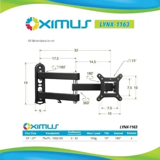 BRACKET TV LED MONITOR 13"-27" OXIMUS LYNX 1163 WALL TILT SWIVEL