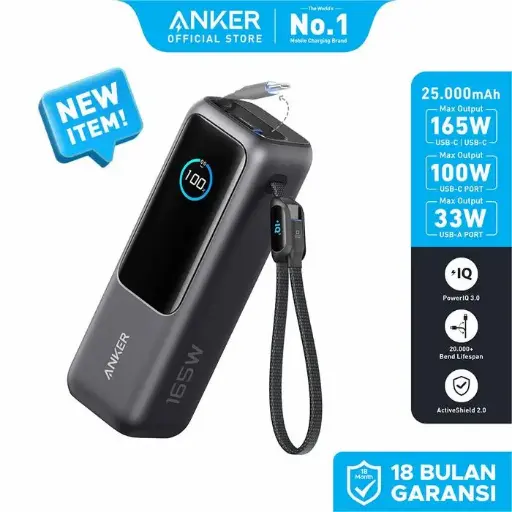 Anker Laptop Power Bank Smart Digital Display Touch 25.000mAh three-port 165W GaN Fast Charging PPS PD3.1 UFCS Built-in and Retractable Cables Flight safe A1695