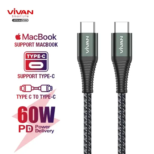 Data Cable VIVAN KPD100S Kabel Type C to Type C Original Fast Charging Power Delivery 60W 3A Support Macbook Charger Wire