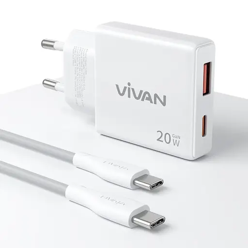 Charger Vivan Power X20S Slim Dual USB-C USB-A GaN Charger 20W PD QC3.0 + Cable USB-C to USB-C