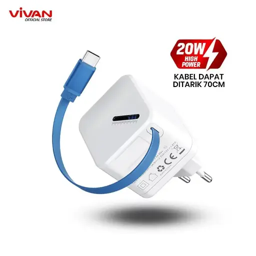 Charger VIVAN Mini Charger Super 4S Integrated Cable Type C 70CM Fast Charging 20W 3A PD QC 3.0