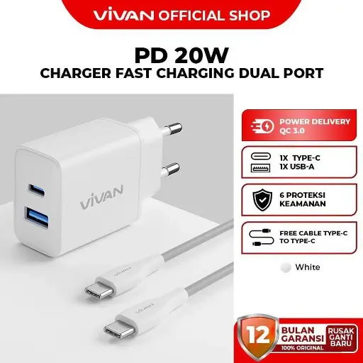 Charger Vivan Power C21 Dual USB Fast Charging PD QC 3.0 Type-C USB-C USB-A Output 3A