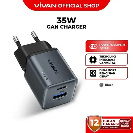 Charger VIVAN GaN10 Silvery 35W Fast Charging Dual Output PD QC 3.0 