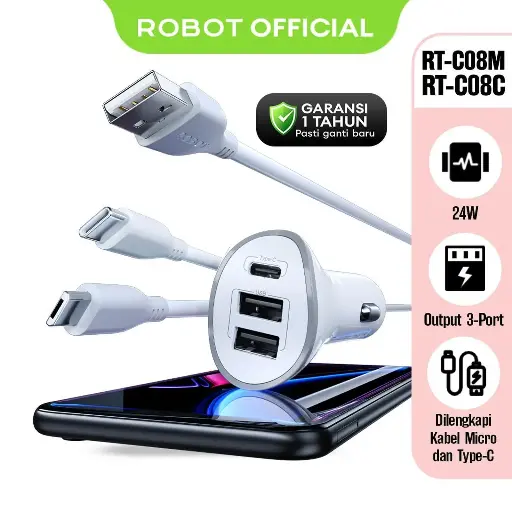 Car Charger ROBOT RT-C08C 3 Port 24W Adapter (Versi Upgrade)