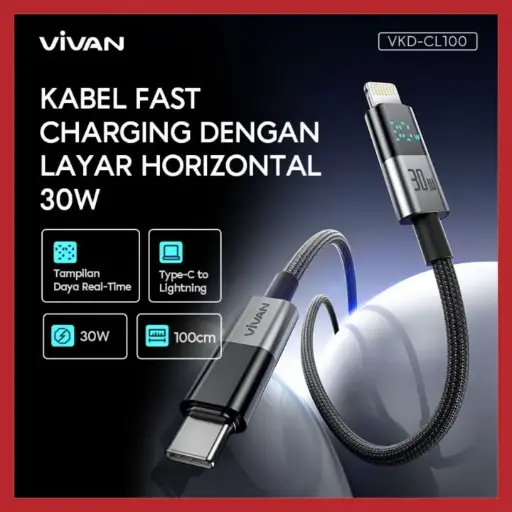 VIVAN VKD-CL100 Power Display Data Cable USB C to Lightning Quick Charge 30W 100cm